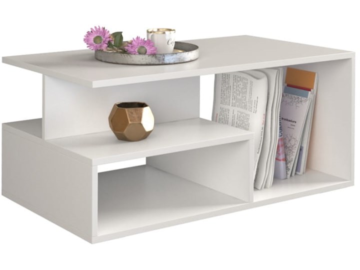 Nowoczesny biały stolik kawowy z półkami 90x51 Płyta meblowa Wysokość 43 cm Ława Styl Minimalistyczny