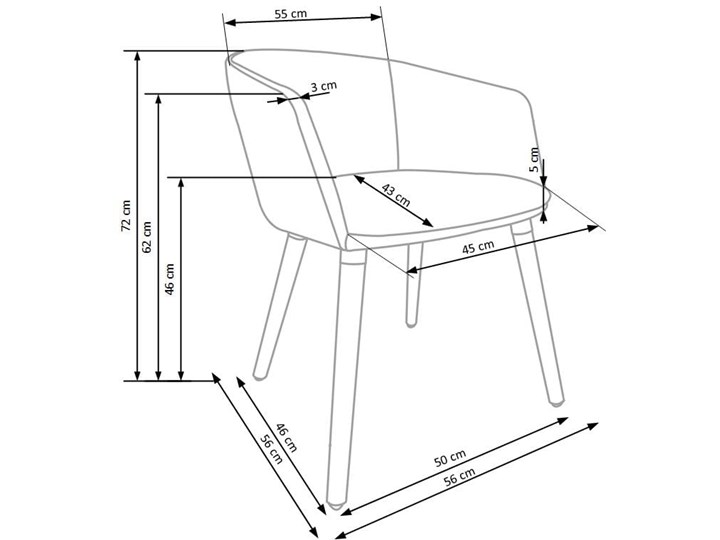 Półokrągły fotel do jadalni, jasny popiel + drewno Głębokość 56 cm Tkanina Szerokość 56 cm Styl Nowoczesny
