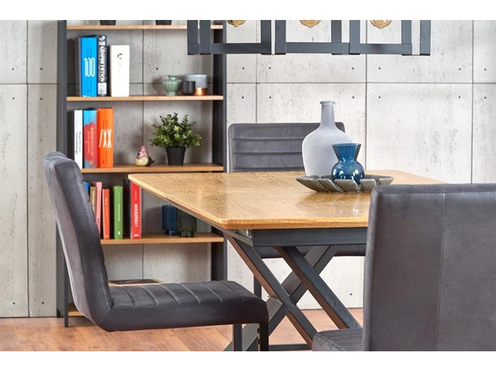 Duży industrialny stół rozkładany dąb naturalny/czarny 220 cm Wysokość 75 cm Długość 160 cm Płyta MDF Drewno Stal Szerokość 90 cm Styl Nowoczesny