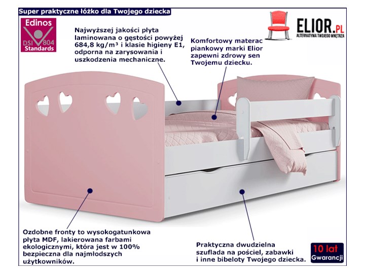 Łóżko dla dziewczynki z materacem Nolia 3X 80x140 - pudrowy róż Z szufladą Rozmiar materaca 80x140 cm Płyta meblowa Z barierką Pojedyncze Kolor Różowy