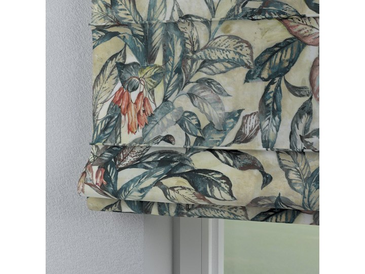 Roleta rzymska Capri, liście w odcieniach zieleni, niebieskiego, czerwieni na beżowym tle, szer.80 × dł.170 cm, Abigail Pomieszczenie Jadalnia Pomieszczenie Salon