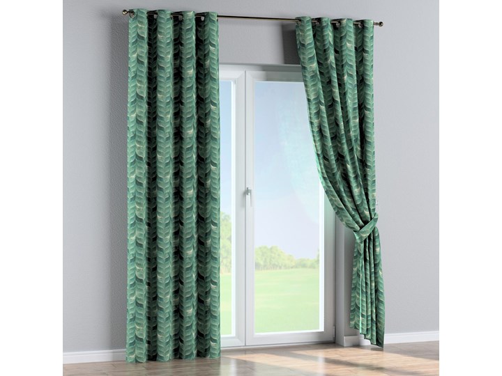 Zasłona na kółkach 1 szt., szmaragdowo-zielony wzór na lnianym tle, 1szt 130 × 260 cm, Abigail Zasłona zaciemniająca Pomieszczenie Jadalnia 130x260 cm Len Bawełna Mocowanie Taśma