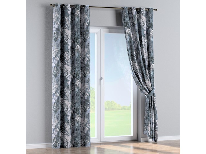 Zasłona na kółkach 1 szt., niebiesko-szare liście na szaro-niebieskim tle, 1szt 130 × 260 cm, Abigail Bawełna Wzór Kwiaty 130x260 cm Zasłona zaciemniająca Kolor Szary