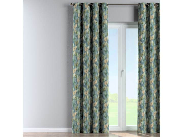 Zasłona na kółkach 1 szt., zielone, beżowe liście na niebiesko-zielonym tle, 1szt 130 × 260 cm, Abigail Zasłona zaciemniająca Bawełna 130x260 cm Wzór Kwiaty Pomieszczenie Jadalnia