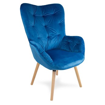 Fotel uszak z weluru na drewnianych bukowych nogach skandynawski do salonu niebieski F906BL