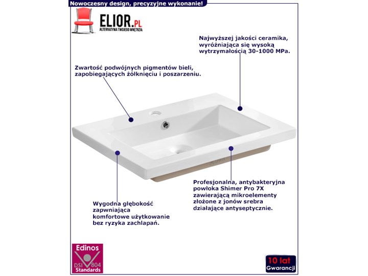 Prostokątna umywalka ceramiczna Vermona 60 CM - Biała Prostokątne Ceramika Kolor Biały Wpuszczane Kategoria Umywalki