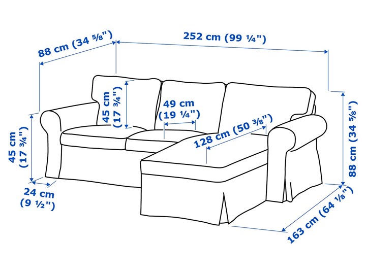 IKEA EKTORP Sofa 3-osobowa z szezlongiem, Remmarn jasnoszary, Szerokość: 252 cm Pomieszczenie Salon Stała konstrukcja Wielkość Trzyosobowa