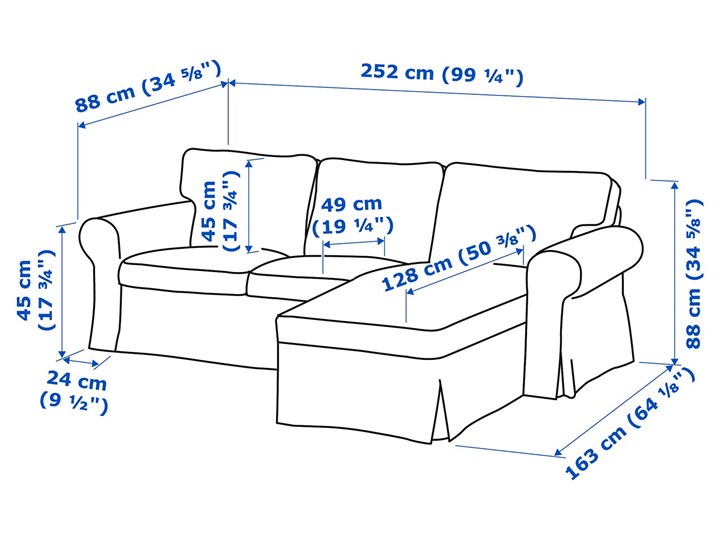 IKEA EKTORP Sofa 3-osobowa z szezlongiem, Virestad czerwony/biały, Szerokość: 252 cm Typ Gładkie Stała konstrukcja Powierzchnia spania