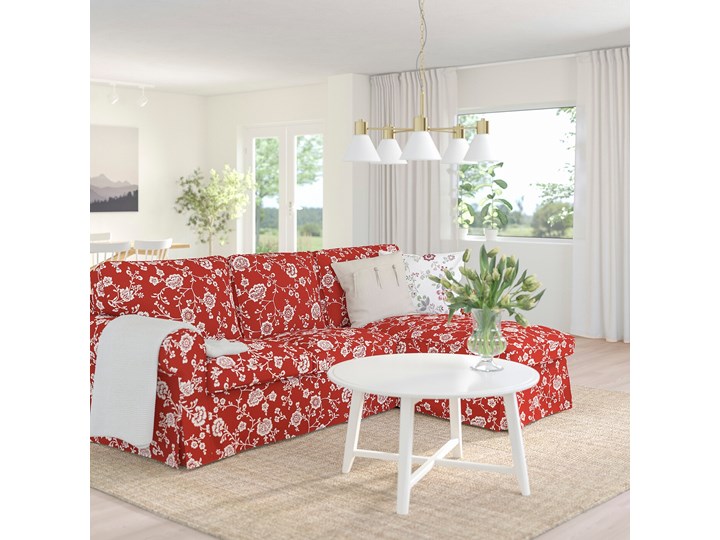 IKEA EKTORP Sofa 3-osobowa z szezlongiem, Virestad czerwony/biały, Szerokość: 252 cm Pomieszczenie Pokój nastolatka Stała konstrukcja Materiał obicia Tkanina