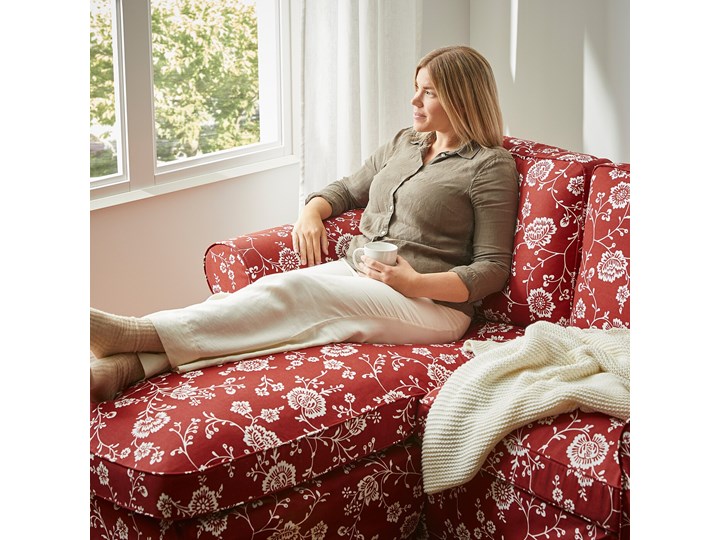IKEA EKTORP Sofa 3-osobowa z szezlongiem, Virestad czerwony/biały, Szerokość: 252 cm Stała konstrukcja Pomieszczenie Salon Wielkość Trzyosobowa