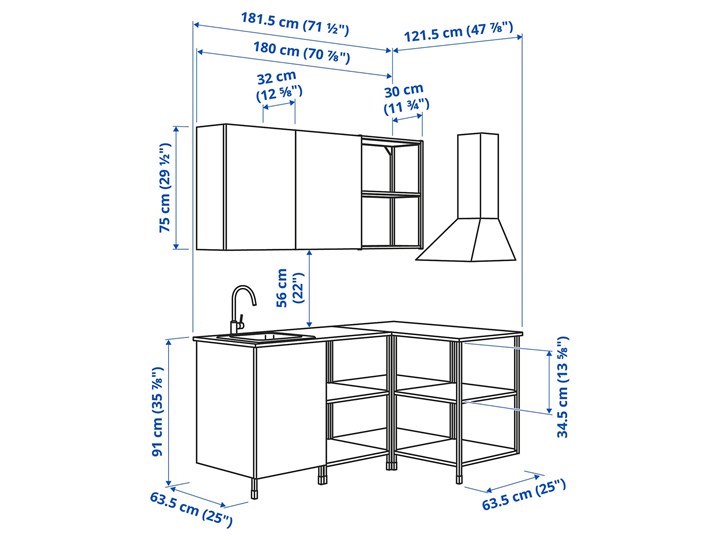 IKEA ENHET Kuchnia narożna, biały, Wysokość szafka wisząca: 75 cm