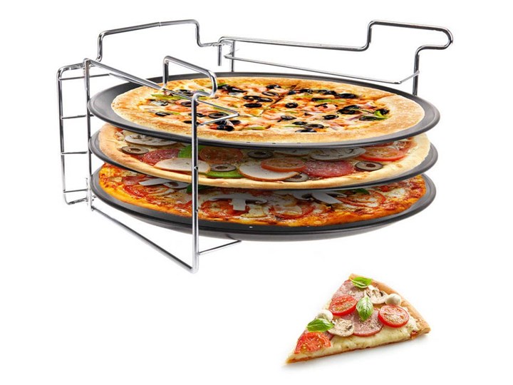 Zestaw do pieczenia pizzy: 3 metalowe blaszki + stojak Blacha Kategoria Formy i foremki Do pizzy Kolor Czarny