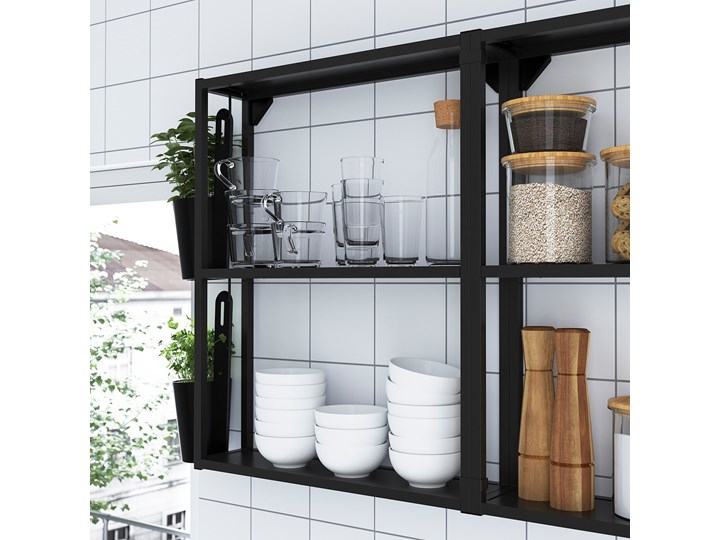 IKEA ENHET Kuchnia narożna, antracyt/biały, Wysokość szafka wisząca: 150 cm Kategoria Zestawy mebli kuchennych Kolor Czarny