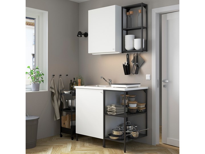 IKEA ENHET Kuchnia, antracyt/biały, 103x63.5x222 cm Kategoria Zestawy mebli kuchennych Kolor Czarny