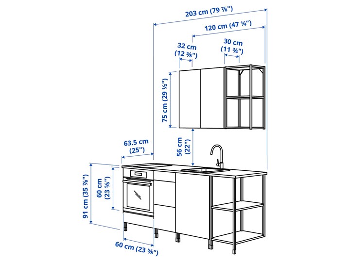 IKEA ENHET Kuchnia, biały, 203x63.5x222 cm Zestawy gotowe Kategoria Zestawy mebli kuchennych