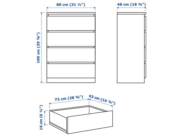 IKEA MALM Komoda, 4 szuflady, Czarnobrąz, 80x100 cm Płyta MDF Głębokość 48 cm Z szufladami Kategoria Komody Szerokość 80 cm Wysokość 80 cm Pomieszczenie Sypialnia