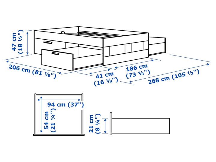 IKEA BRIMNES Rama łóżka z szufladami, biały/Lönset, 180x200 cm Tkanina Łóżko drewniane Kategoria Łóżka do sypialni