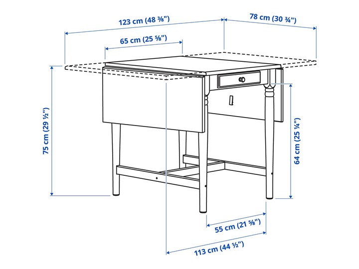 IKEA INGATORP Stół z opuszczanym blatem, Czarnobrąz, 65/123x78 cm Wysokość 75 cm Długość 65 cm Sosna Długość 123 cm Płyta MDF Kształt blatu Prostokątny