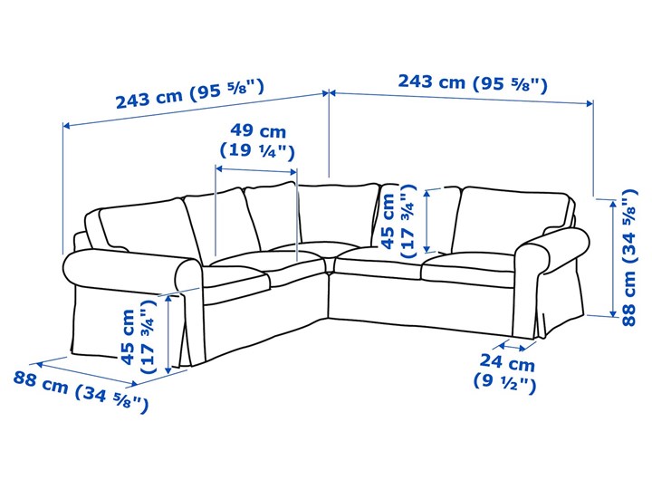 EKTORP Sofa narożna 4-osobowa Stała konstrukcja Wysokość 88 cm W kształcie L Szerokość 243 cm Wysokość 45 cm Kategoria Narożniki