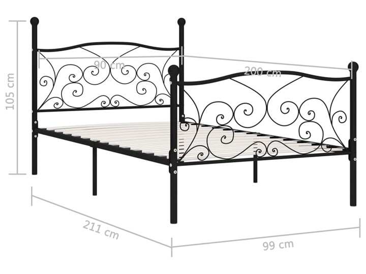 vidaXL Rama łóżka ze stelażem z listw, czarna, metalowa, 90 x 200 cm Łóżko metalowe Zagłówek Z zagłówkiem