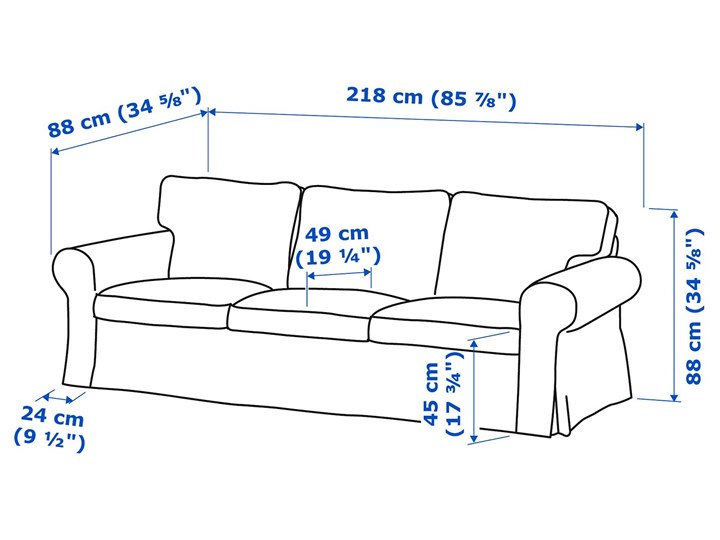 EKTORP Sofa 3-osobowa Głębokość 88 cm Szerokość 218 cm Głębokość 49 cm Typ Gładkie Pomieszczenie Salon