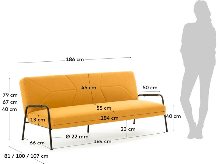 Sofa rozkładana Neiela musztardowa 180 cm Wielkość Trzyosobowa Stała konstrukcja Kolor Żółty