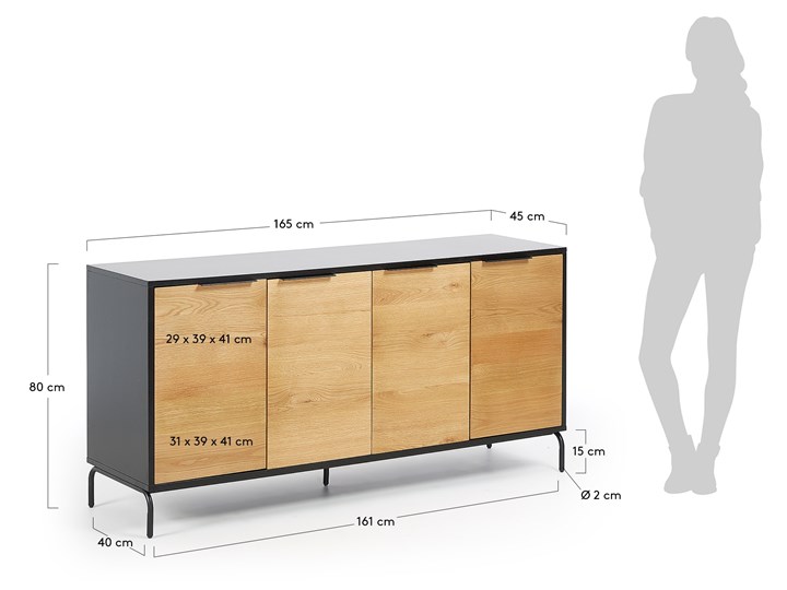 Komoda Savoi drewniana czarna 165 x 80 cm Szerokość 165 cm Kategoria Komody Płyta meblowa Metal Płyta MDF Z szafkami Pomieszczenie Garderoba