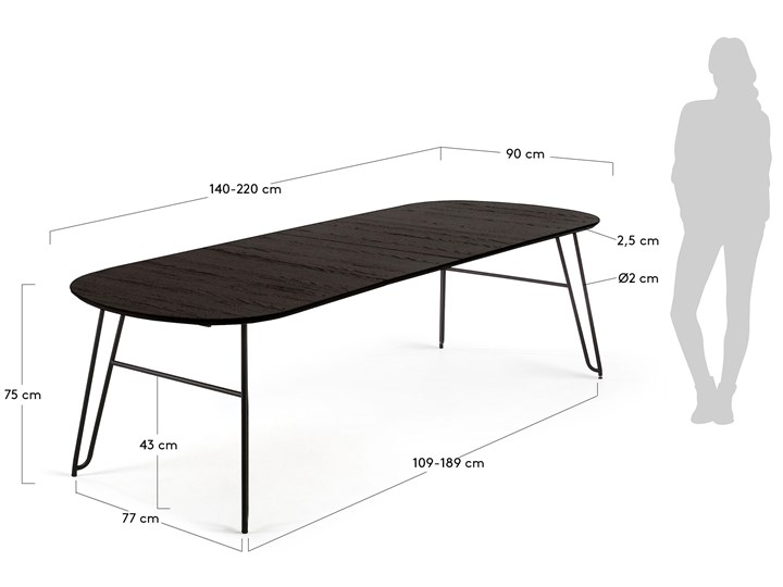 Stół rozkładany brązowy fornirowany blat czarne metalowe nogi 140-220x90 cm Płyta fornirowana Drewno Płyta MDF Wysokość 75 cm Stal Kategoria Stoły kuchenne