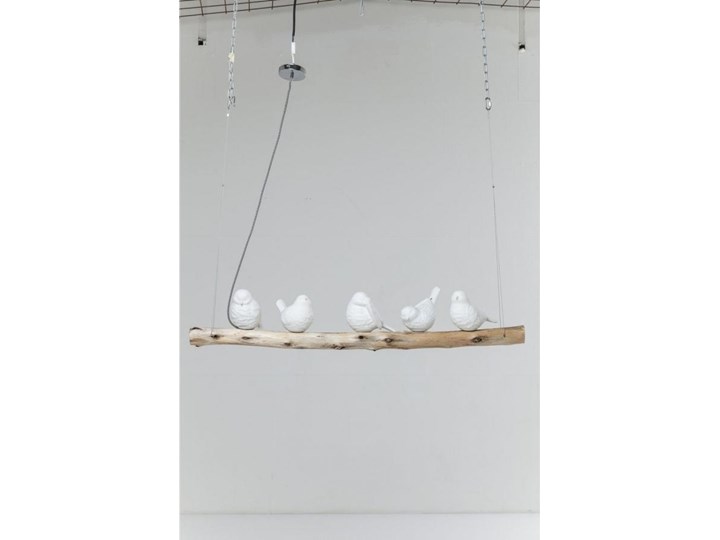 Lampa wisząca na drewnianej belce z kloszami w kształcie ptaszków biała 120x15 cm