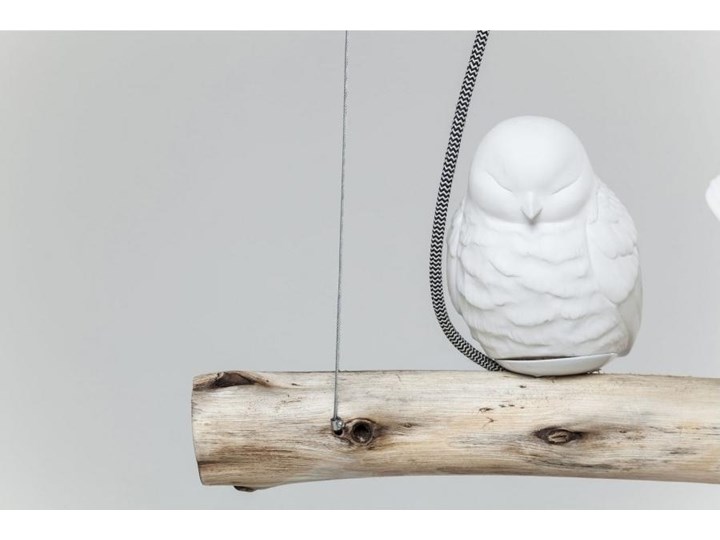 Lampa wisząca na drewnianej belce z kloszami w kształcie ptaszków biała 120x15 cm