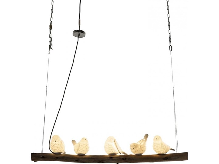Lampa wisząca na drewnianej belce z kloszami w kształcie ptaszków biała 120x15 cm