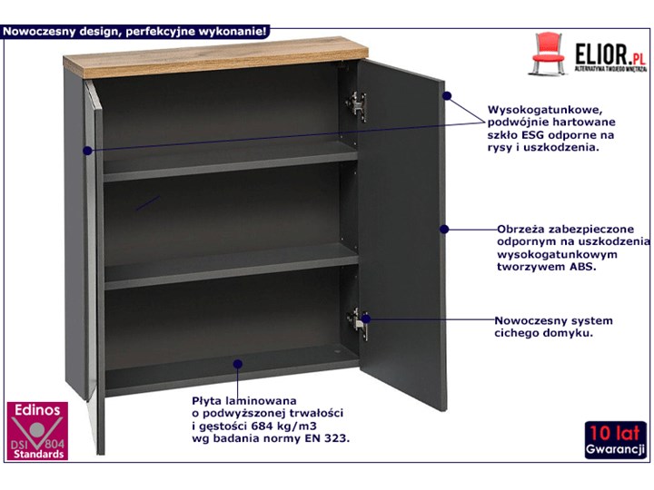 Szafka łazienkowa z lustrem - Marsylia 6X grafit 60 cm Szafki Wiszące Kategoria Szafki stojące Wysokość 70 cm Kolor Srebrny
