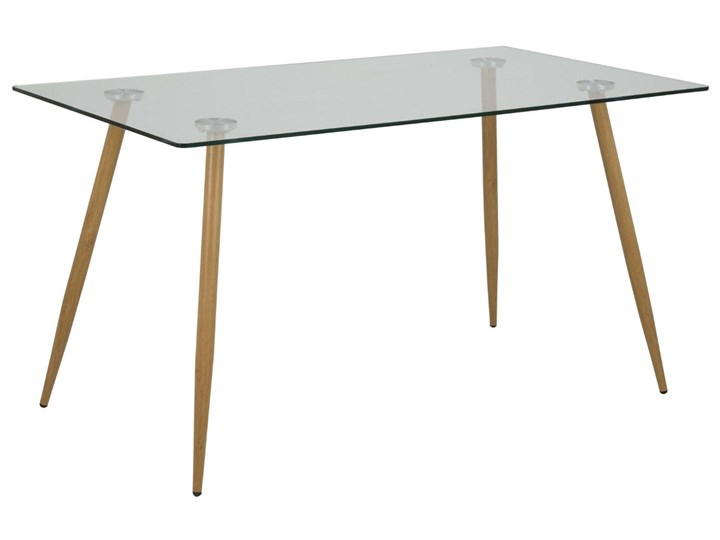 Szklany stół do jadalni na nogach w kolorze dębowym Wilma Wysokość 140 cm Wysokość 75 cm Drewno Szkło Metal Stal Styl Minimalistyczny