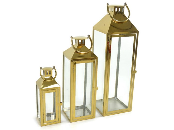 Zestaw 3 metalowych chromowanych latarni Kategoria Lampiony Kolor Złoty