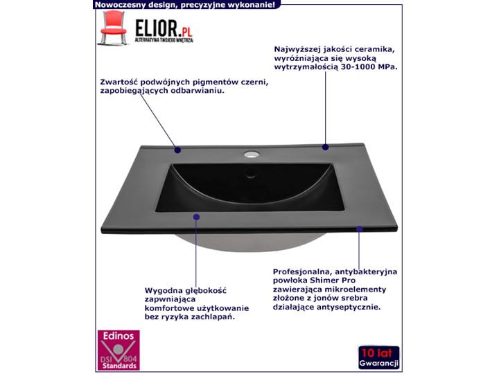 Czarna ceramiczna umywalka prostokątna - Aviso 80 cm Wpuszczane Ceramika Prostokątne Kolor Czarny