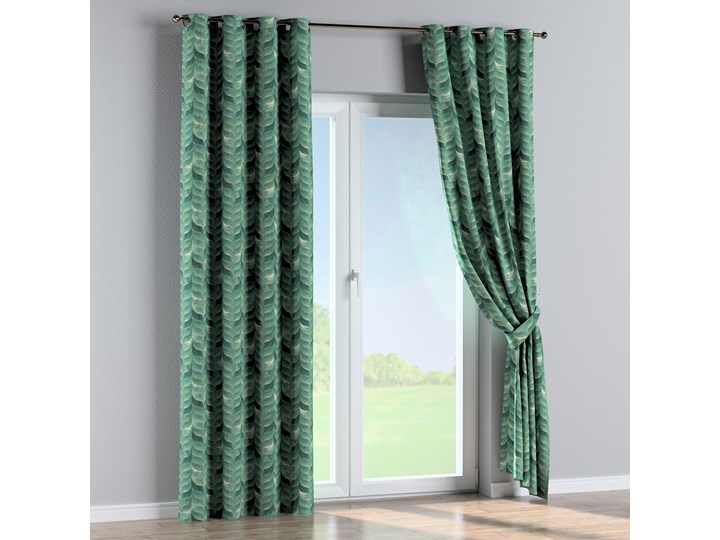 Zasłona na kółkach 1 szt., szmaragdowo-zielony wzór na lnianym tle, 1szt 130 × 260 cm, Abigail Pomieszczenie Salon Zasłona zaciemniająca 130x260 cm Bawełna Len Pomieszczenie Sypialnia