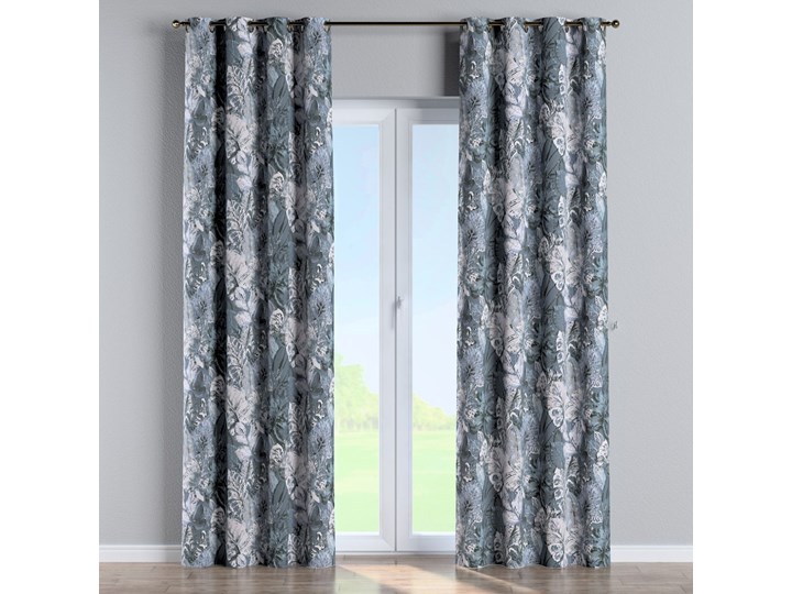 Zasłona na kółkach 1 szt., niebiesko-szare liście na szaro-niebieskim tle, 1szt 130 × 260 cm, Abigail 130x260 cm Zasłona zaciemniająca Bawełna Pomieszczenie Jadalnia