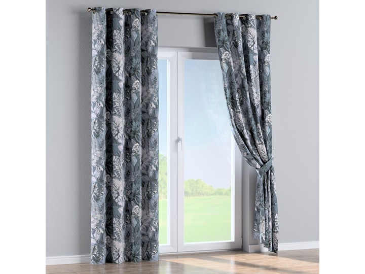 Zasłona na kółkach 1 szt., niebiesko-szare liście na szaro-niebieskim tle, 1szt 130 × 260 cm, Abigail Bawełna 130x260 cm Zasłona zaciemniająca Kategoria Zasłony