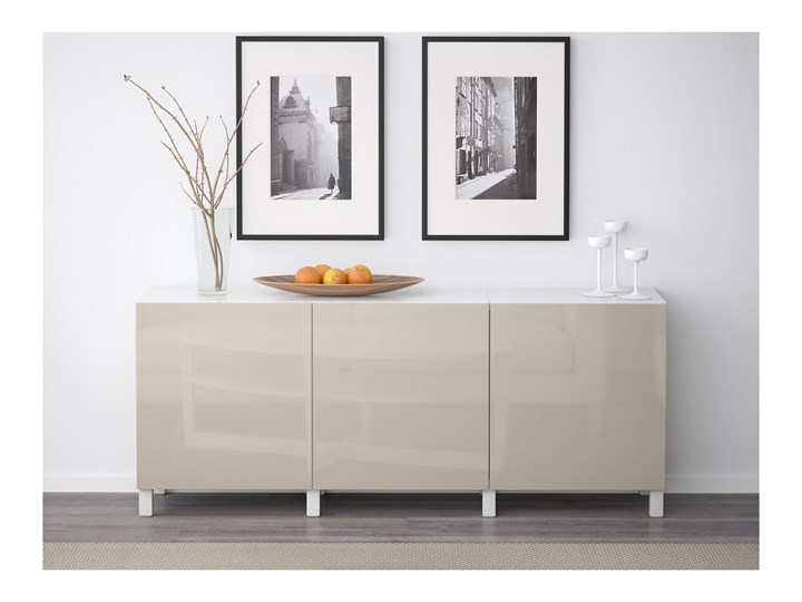 IKEA BESTÅ Kombinacja z drzwiami, Biały/Selsviken/Stubbarp wysoki połysk beż, 180x42x74 cm Kolor Beżowy Kategoria Zestawy mebli do sypialni