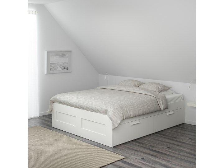 IKEA BRIMNES Rama łóżka z szufladami, biały/Luröy, 140x200 cm Łóżko drewniane Tkanina Kolor Szary
