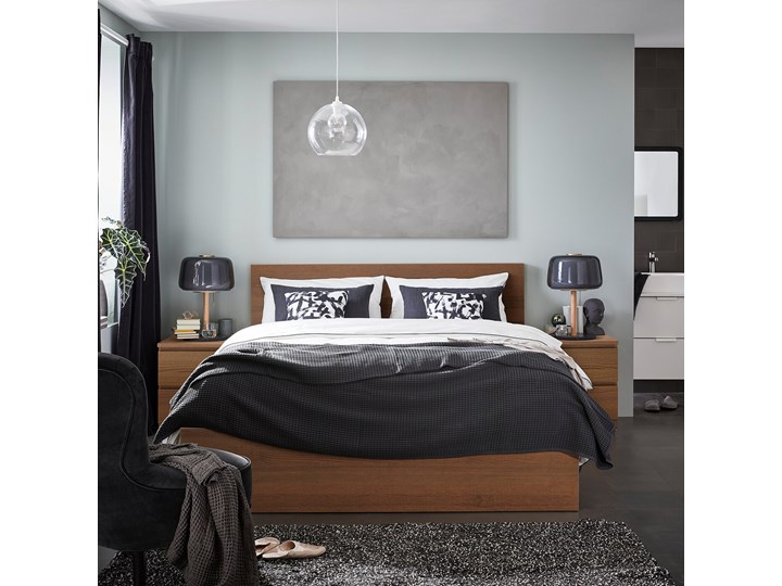 IKEA MALM Rama łóżka, wysoka, Brązowa bejca okleina jesionowa, 160x200 cm Drewno Łóżko drewniane Kolor Brązowy