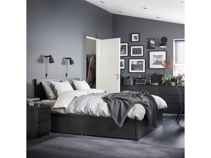 IKEA MALM Rama łóżka z 2 pojemnikami, Czarnobrąz, 140x200 cm Zagłówek Z zagłówkiem Łóżko drewniane Drewno Pojemnik na pościel Z pojemnikiem