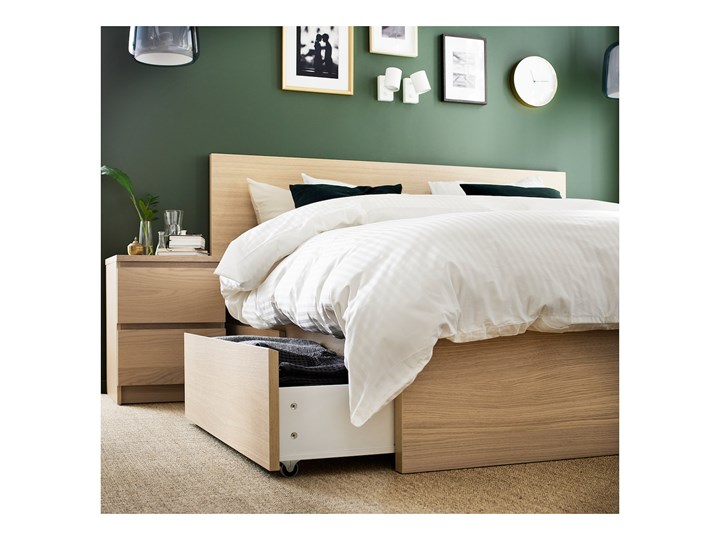 IKEA MALM Rama łóżka z 2 pojemnikami, Okleina dębowa bejcowana na biało, 180x200 cm Łóżko drewniane Drewno Kolor Biały