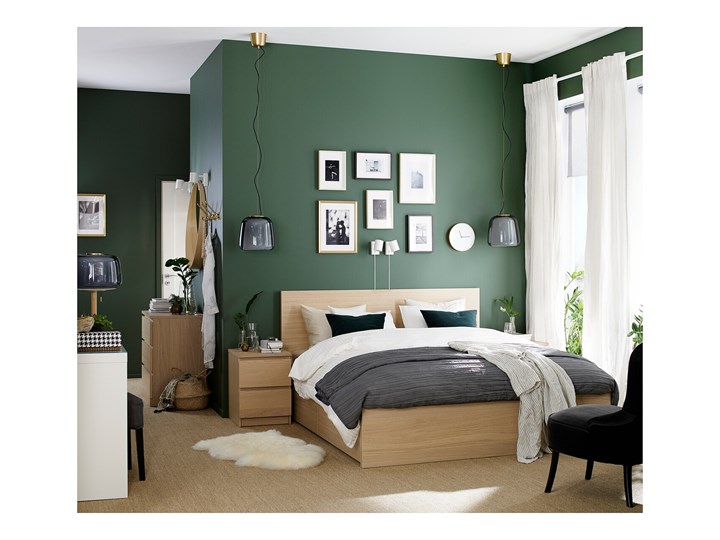 IKEA MALM Rama łóżka z 2 pojemnikami, Okleina dębowa bejcowana na biało, 180x200 cm Drewno Kategoria Łóżka do sypialni Łóżko drewniane Kolor Biały