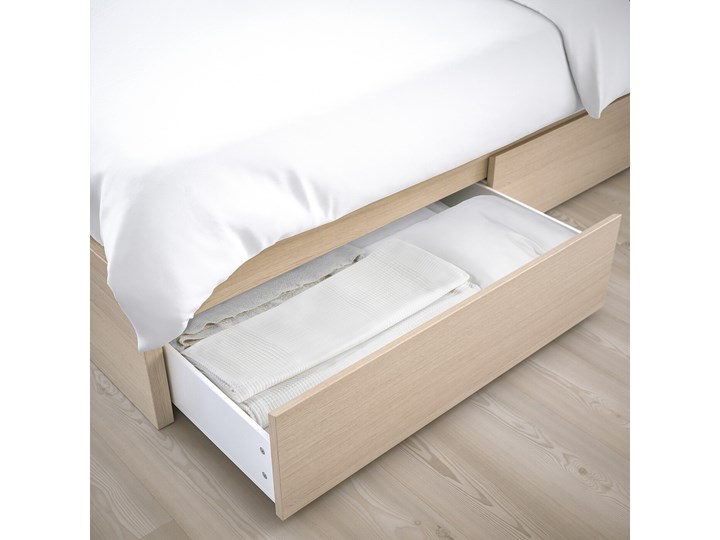 IKEA MALM Rama łóżka z 2 pojemnikami, Okleina dębowa bejcowana na biało, 90x200 cm Łóżko drewniane Drewno Pojemnik na pościel Z pojemnikiem