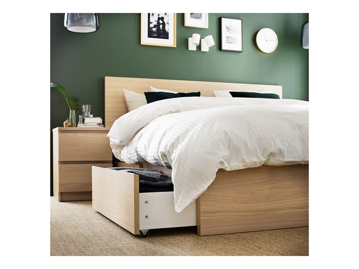 IKEA MALM Rama łóżka z 4 pojemnikami, Okleina dębowa bejcowana na biało, 140x200 cm Drewno Łóżko drewniane Kolor Biały