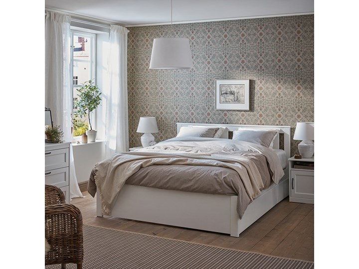 IKEA SONGESAND Rama łóżka z 2 pojemnikami, biały, 160x200 cm Łóżko drewniane Drewno Zagłówek Z zagłówkiem