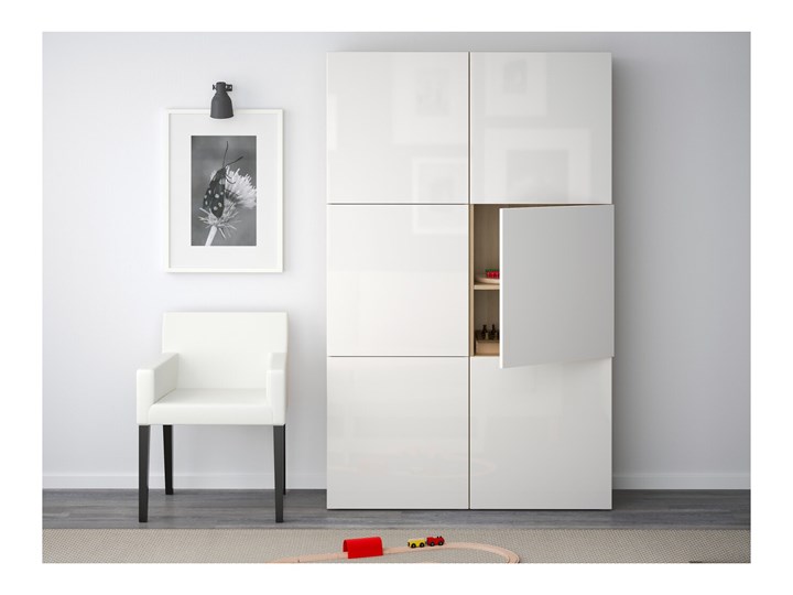 IKEA BESTÅ Kombinacja z drzwiami, Dąb bejcowany na biało/Selsviken połysk/biel, 120x42x193 cm Płyta MDF Płyta meblowa Drewno Płyta laminowana Kategoria Szafki i regały