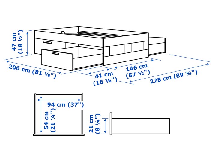 IKEA BRIMNES Rama łóżka z szufladami, biały, 140x200 cm Łóżko drewniane Kategoria Łóżka do sypialni Tkanina Pojemnik na pościel Z pojemnikiem