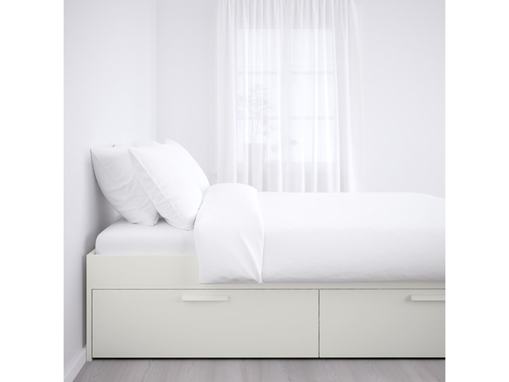 IKEA BRIMNES Rama łóżka z szufladami, biały, 140x200 cm Łóżko drewniane Kategoria Łóżka do sypialni Tkanina Pojemnik na pościel Z pojemnikiem